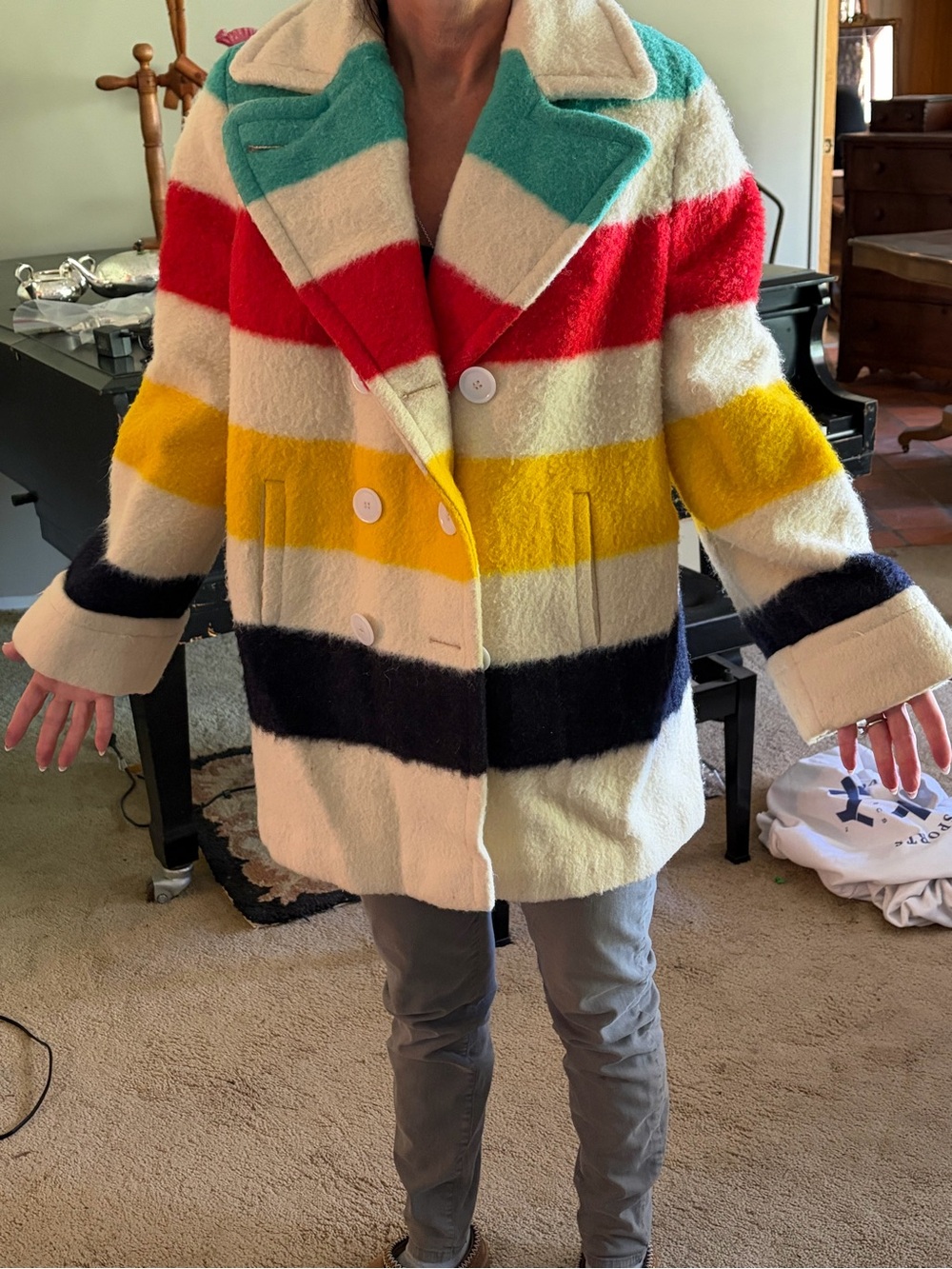 Women’s Striped Wool-Blend Peacoat Jacket - Multicolor